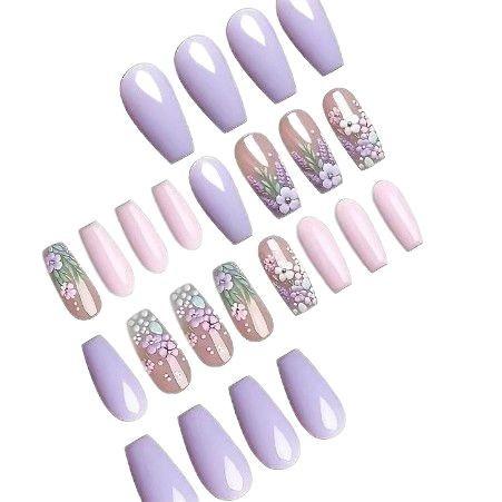 Hot-selling nail art pieces idyllic purple flower long ballet-shaped detachable wearable nail pieces