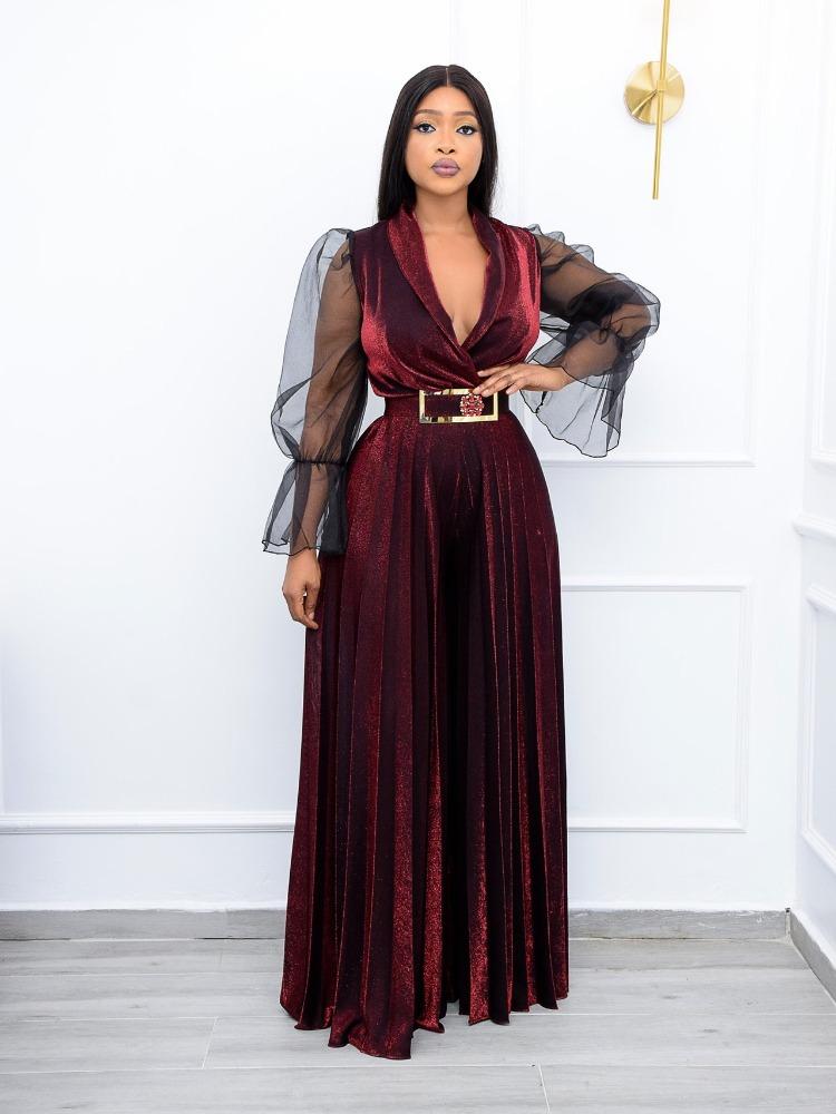 Женские бархатные комбинезоны больших размеров, прозрачные плиссированные широкие брюки с длинными рукавами, цельная одежда, винтажные элегантные вечерние комбинезоны