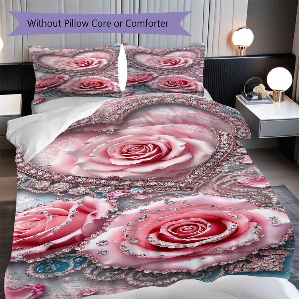 1PC Rose pattern Bedding Quilt Set Quilt Cover Pillowcase Home Decoration Birthday Gift (1 * duvet cover + 2 * pillowcase, without core)