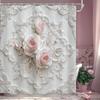 Pink Rose Floral Shower Curtain Romantic Vintage Flower Unique White Relief Sculpture Retro Leaves Plant Botanical Bathroom