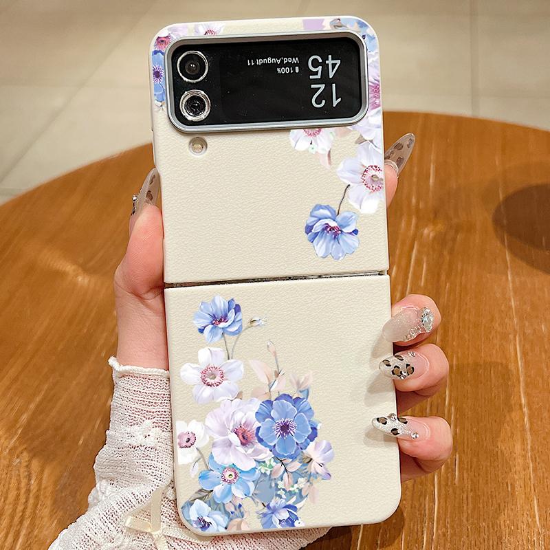 Leather Texture TPU Case For Magsafe For Samsung Galaxy Z Flip 6 5 4 3 5G Flip6 Flip5 Flip4 Blue Flower Patterned Folding Cover