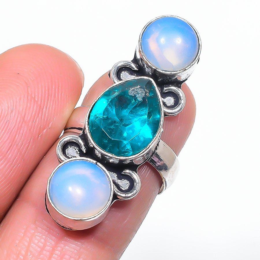 Швейцарский голубой топаз, Опал Ручной работы Ювелирное изделие из стерлингового серебра 925 пробы Кольцо Размер 6 d9M94