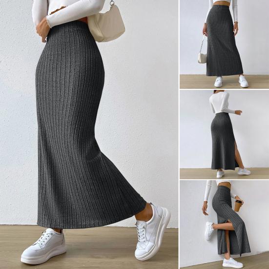 Maxi Skirt with Side Slits High-Waisted Ribbed Long Skirt Solid Color Hip Wrapped Autumn Winter Long Skirt