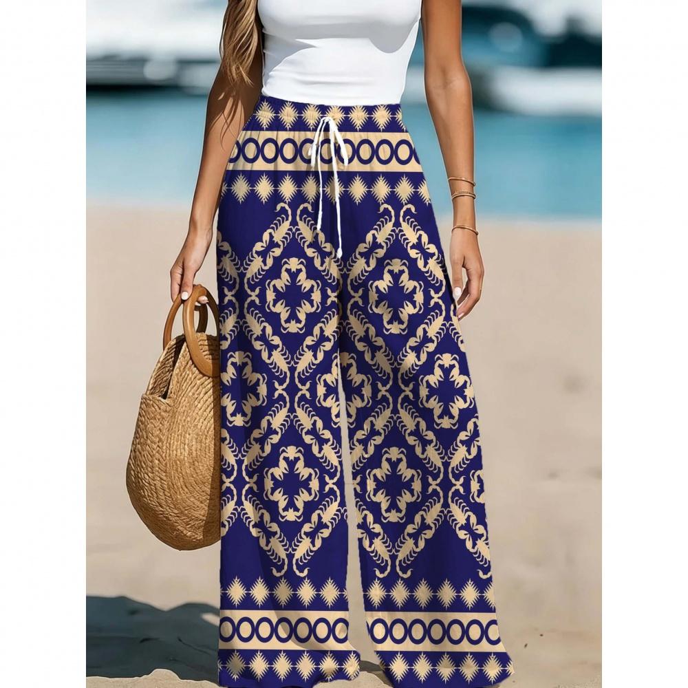Женские широкие брюки с цветочным принтом, брюки с высокой талией, свободные, прямого кроя, подходят для повседневной носки, пляжного отдыха