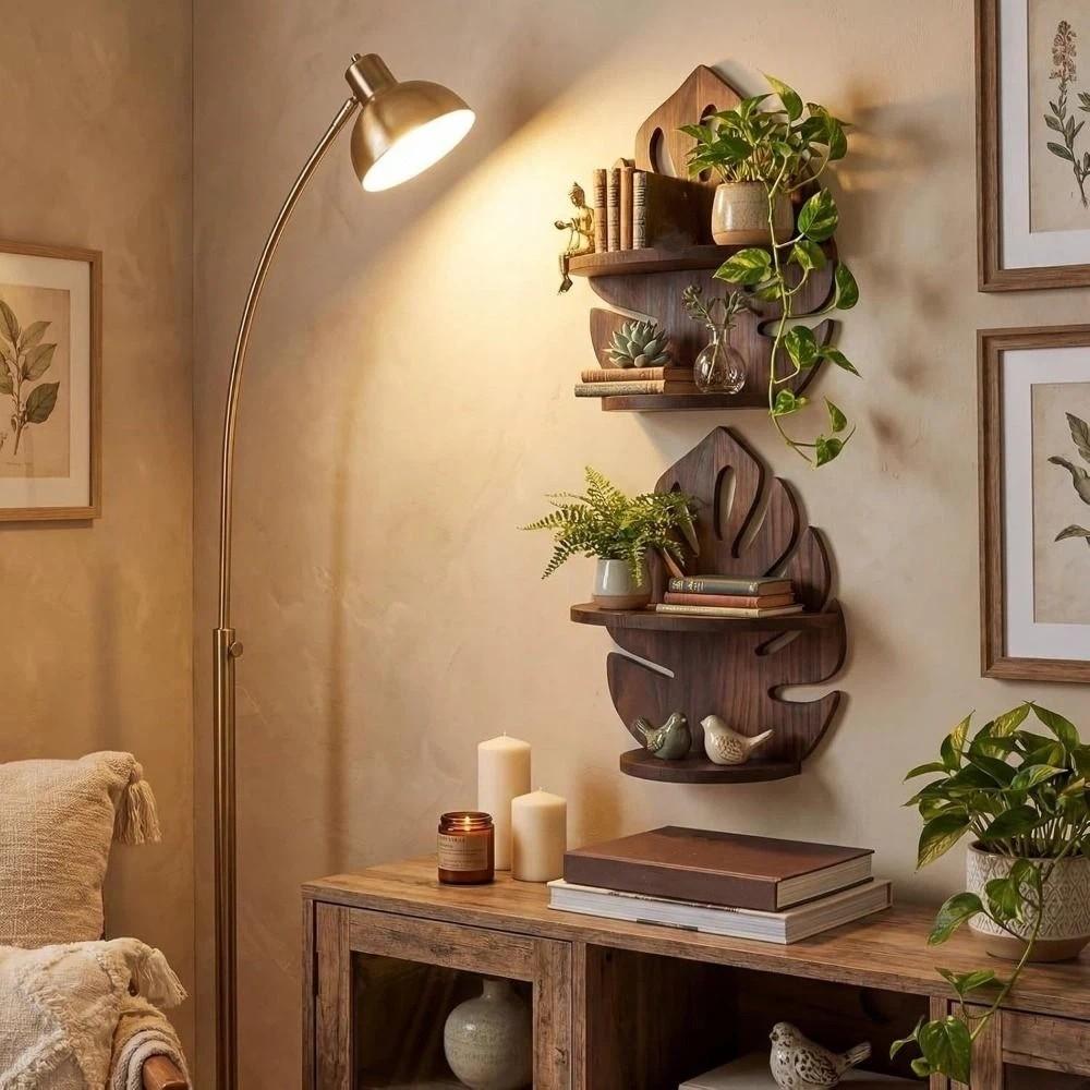 Wall Mounted Wood Display Shelf Decorative Book Storage Rack Wooden Monstera Shelf Office