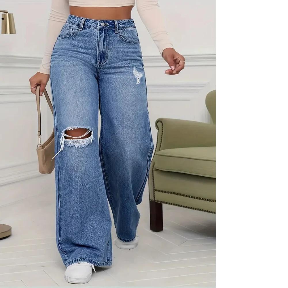 Women's Jeans Denim Pants Wide Leg Vintage Distressed Ripped Trousers 2026 Streetwear Washed Pockets Floor Length Hole Jeans