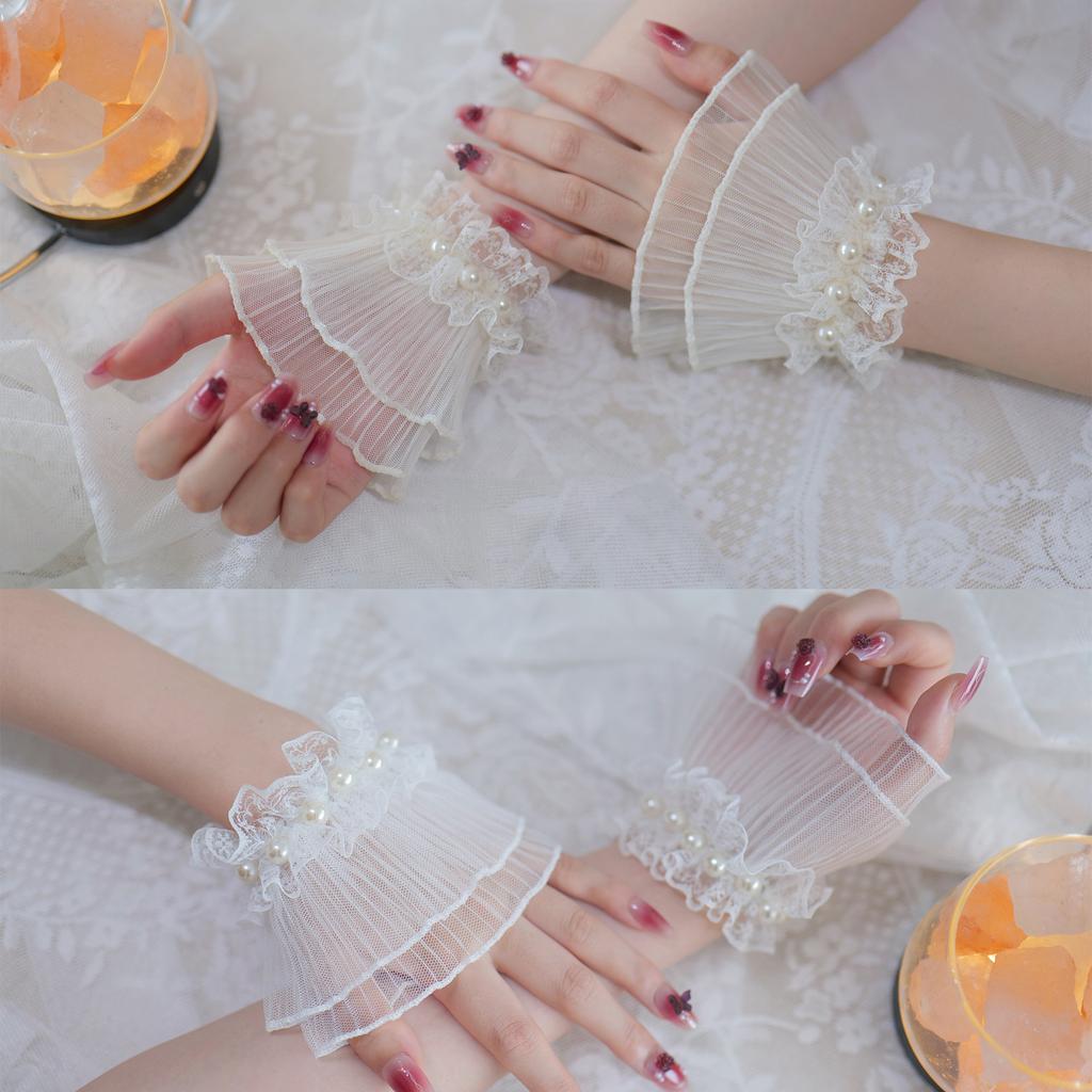 Elegant Pearl Decors Hand Sleeves Ruffle Lace Arm Sleeves Korean Wrist Cuffs For Weddings Parties And Photography