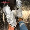 Aphixta Flat With Women Loafers Bling Crystal Flats Lace Up Design Casual Shoes Silver 3cm Heels Luxury Size 44 Ladies Shoes