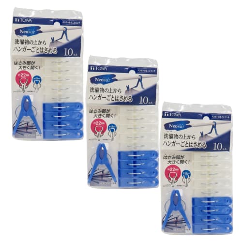 Towa Sangyo Neosul Clothespins, Whole Hanger Pinch, White/Blue, Approx. 4.4 x 1.4 x 6cm, 10 pieces per pack (3 sets)
