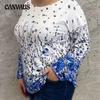 Весенне-осенняя женская блузка размера плюс с цветочным принтом, топ с длинными рукавами, футболка с круглым вырезом, топ
