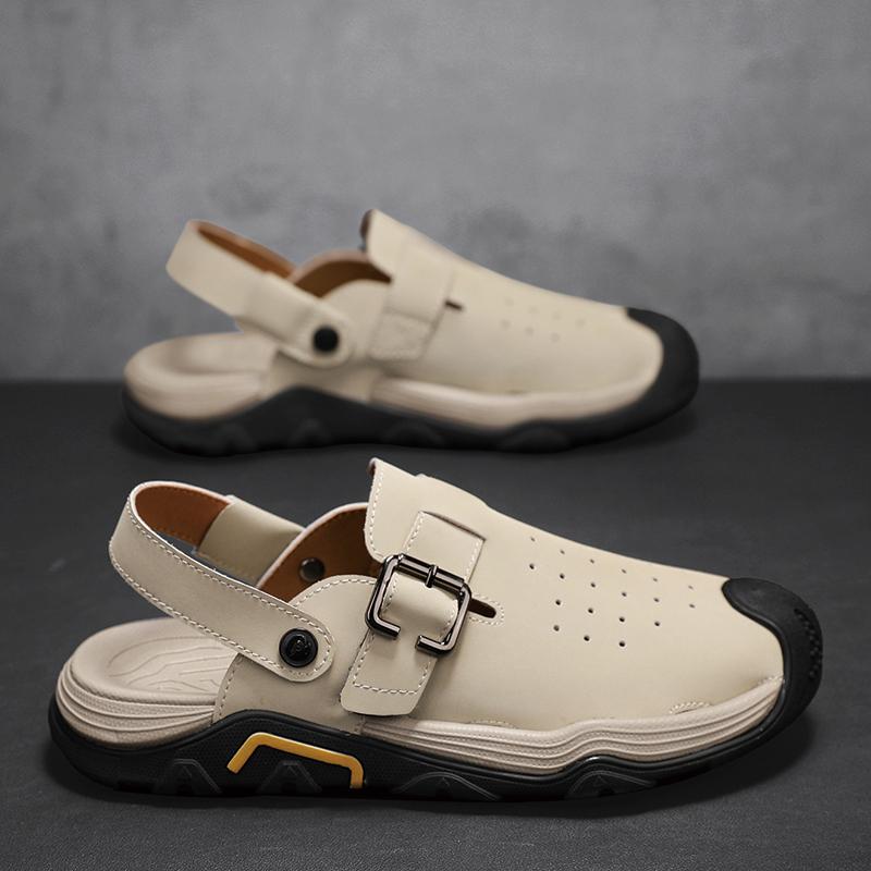 Модные мужские сандалии из перфорированной кожи, летние классические шлепанцы двойного назначения, мягкие, модные, повседневные, удобные, для улицы, пляжа, ходьбы