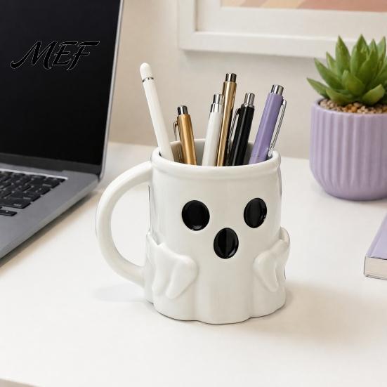 Festive Halloween Tableware Ice Cream Mug with Spoon Holder, 3D Printed Cute Ghost Mug, Multipurpose Storage Container Drinking Cup Pen Holder Decor,