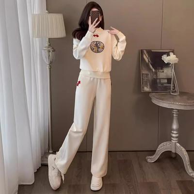 Раннеосенний костюм для женщин абрикосового цвета, модный, высококлассный, в китайском стиле, повседневный спортивный свитшот, широкие брюки, комплект из двух предметов