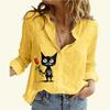 Женская мода хлопок льняная рубашка с принтом кота топ с длинным рукавом женская повседневная блузка на пуговицах