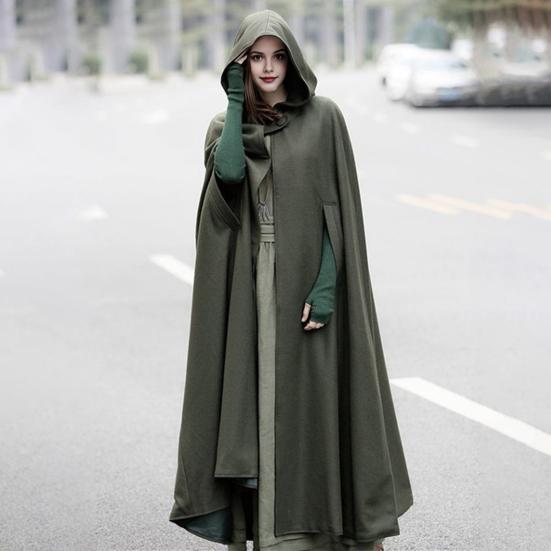 Winter Women Jacket with Hood Medieval Retro Cape Gothic Keep Warm Shawl Ankle Length Loose Cloak Thick Single-Button Closure Poncho Pirate Robe