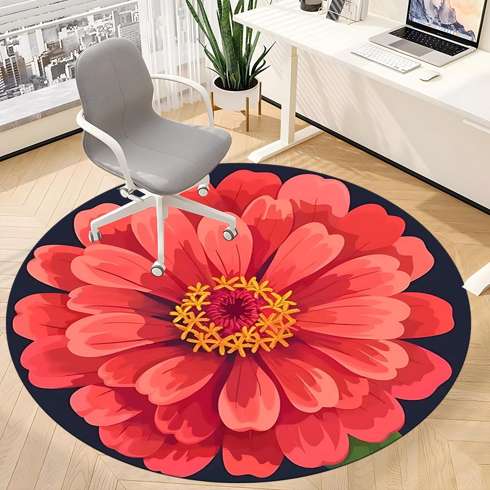 1PC Zinnia flower Office Round Rug, Non slip, Soft and Durable Office Rug for Interior Decoration, Perfect for Office