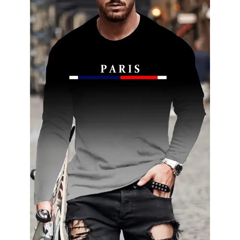 Men's Gradient Color Paris Pattern Printed T-shirt Fashion Casual Long Sleeved Round Neck Outdoor Sports T-shirt Men's Clothing