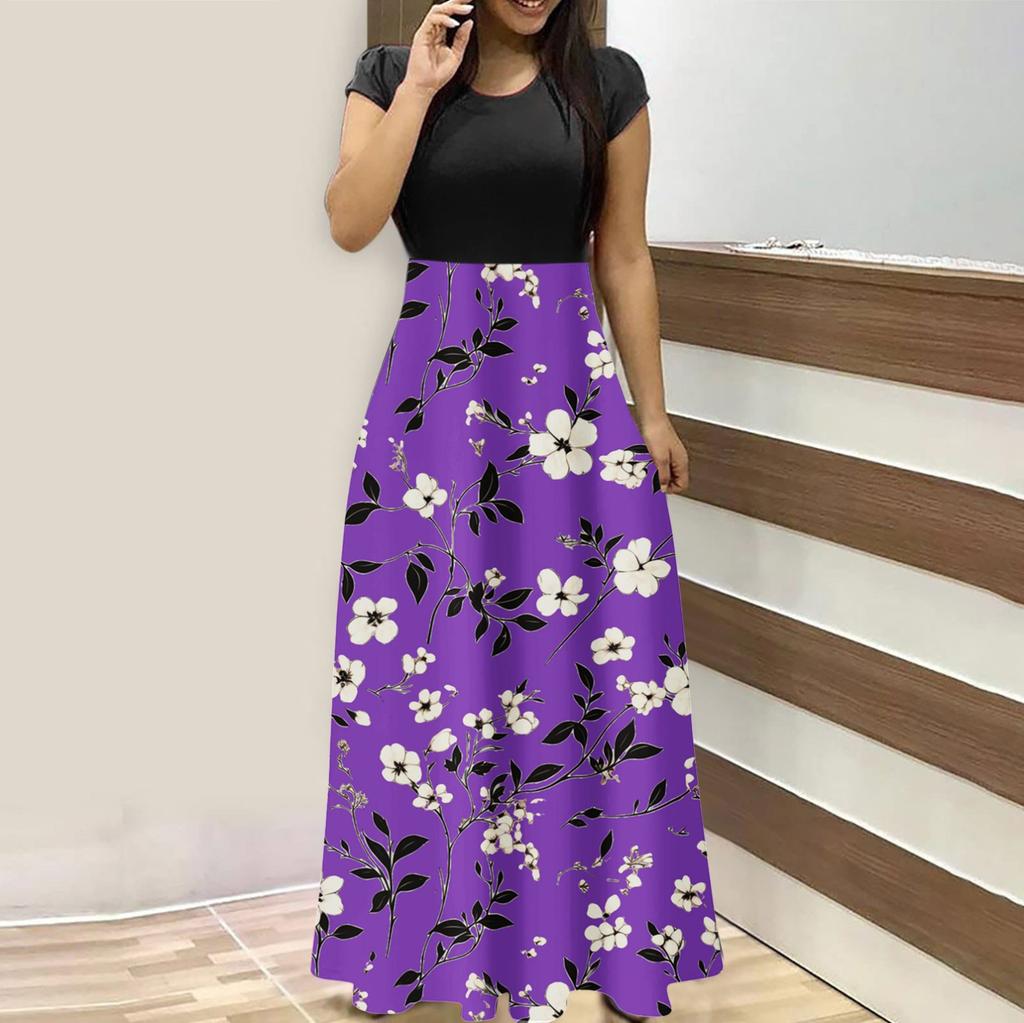 Женская мода повседневные свободные принтованные платья с круглым вырезом и коротким рукавом длинные платья с коротким рукавом длинные платья