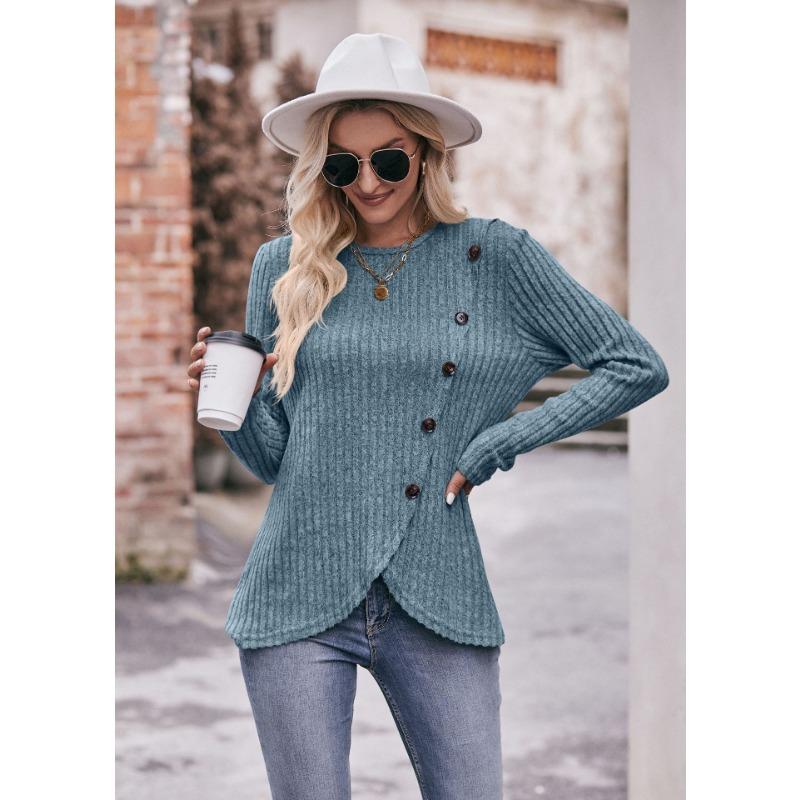 YYFS Женские модные повседневные весенне-осенние однотонные блузки и рубашки с круглым вырезом с длинными рукавами и принтом