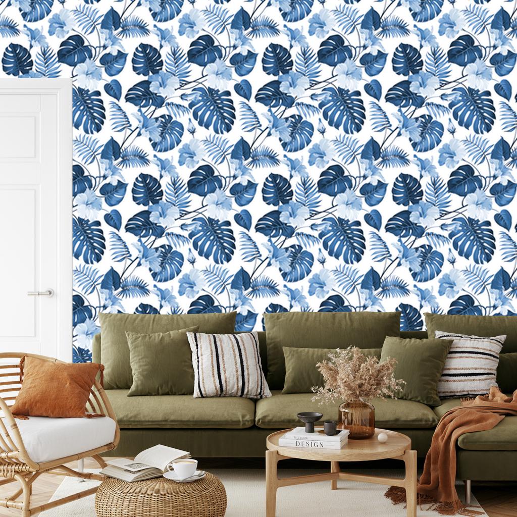 Wallpaper Blue Tropical Leaves and Flowers for Living Room and Bedroom 50x1000