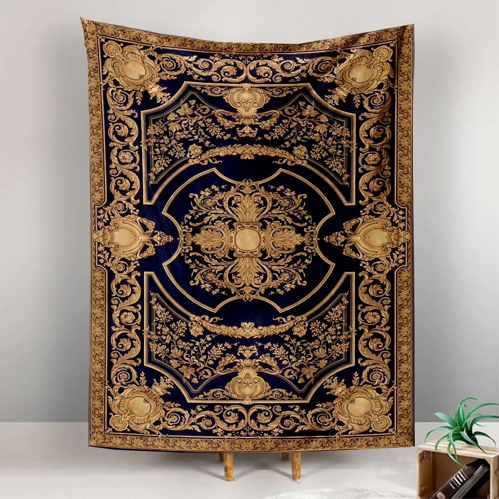 Baroque Carpet Tapestry Wall Hanging, Blue Gold Ornate Floral Pattern Art, Elegant Wall Decor for Bedroom Living Room Dorm