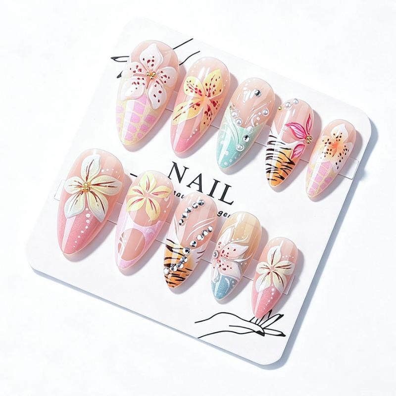 Cross-border European and American wearing nail 3D three-dimensional color flower almond nail art nail piece manual point drilling fake nail wholesale