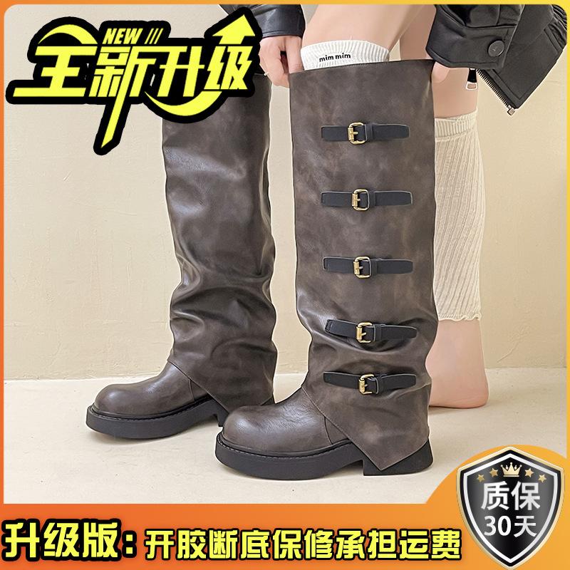 Винтажная пряжка ремня плиссированные кожаные ботинки осенняя мода универсальные ботинки на каблуке женская верхняя одежда ботинки рыцаря из ткани с пайетками ботинки-трубы