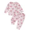 Baby Girls 2-piece Outfit, Bow Print Long Sleeve Crew Neck Sweatshirt with Elastic Waist Sweatpants Fall Clothes