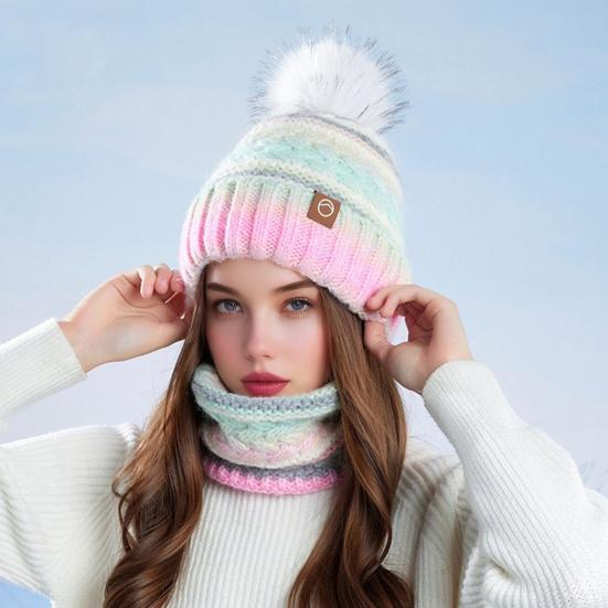 2Pcs/Set Winter Hat Scarf Set Thickened Velvet Lining Colorful Versatile Elastic Fit Knitting Hat Neck Warmer Set