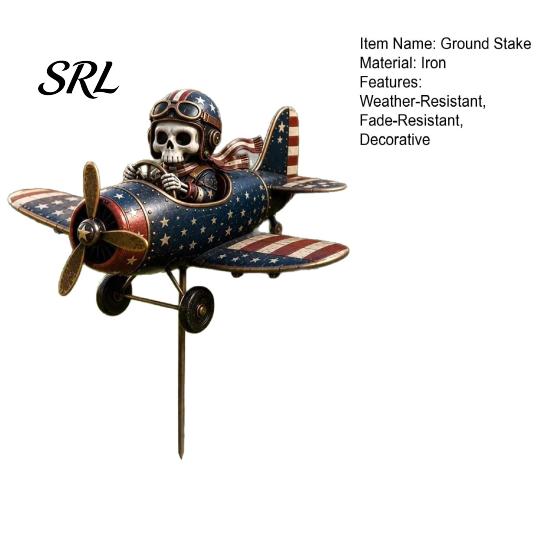 Vintage Style Garden Accessory Metal Skeleton Pilot Airplane Wind Spinner with Ground Stake, American Flag Retro Lawn Ornament Yard Rustic Iron