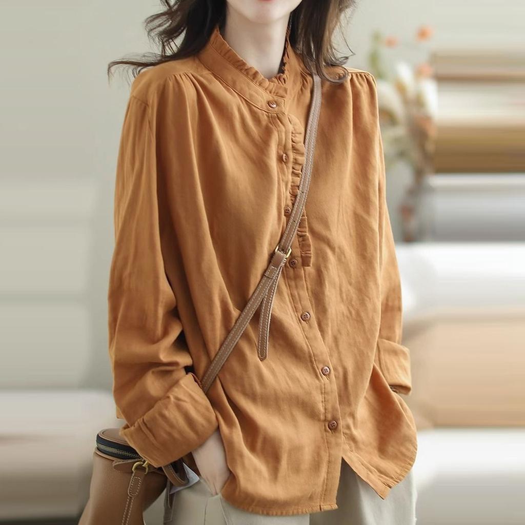 Винтажные рубашки и блузки из хлопка и льна, летние и осенние, повседневные рубашки с длинным рукавом, рубашки с оборками и пуговицами, свободные блузки, топы