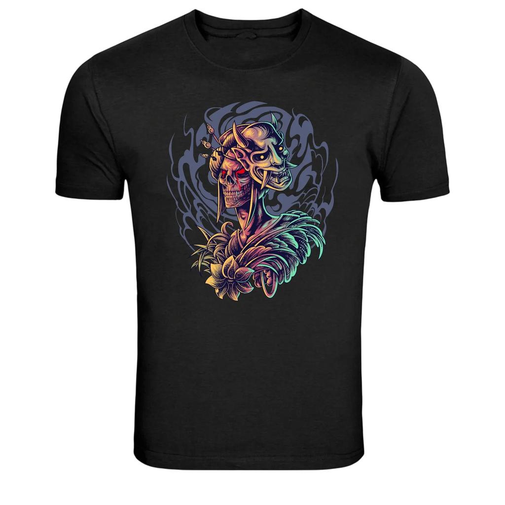 Японская маска-череп Графическая футболка Темное искусство самурая Футболка