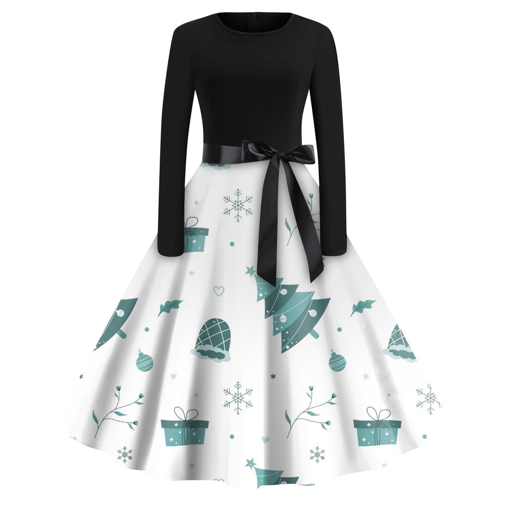 Женская мода с круглым вырезом, повседневные тонкие рождественские платья с длинным рукавом и принтом