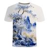 Summer New Chinese Feng Shui Ink Painting Pattern 3D Digital Printing T-shirt with Western Style Trendy Men's Round Neck Short Sleeved Shirt