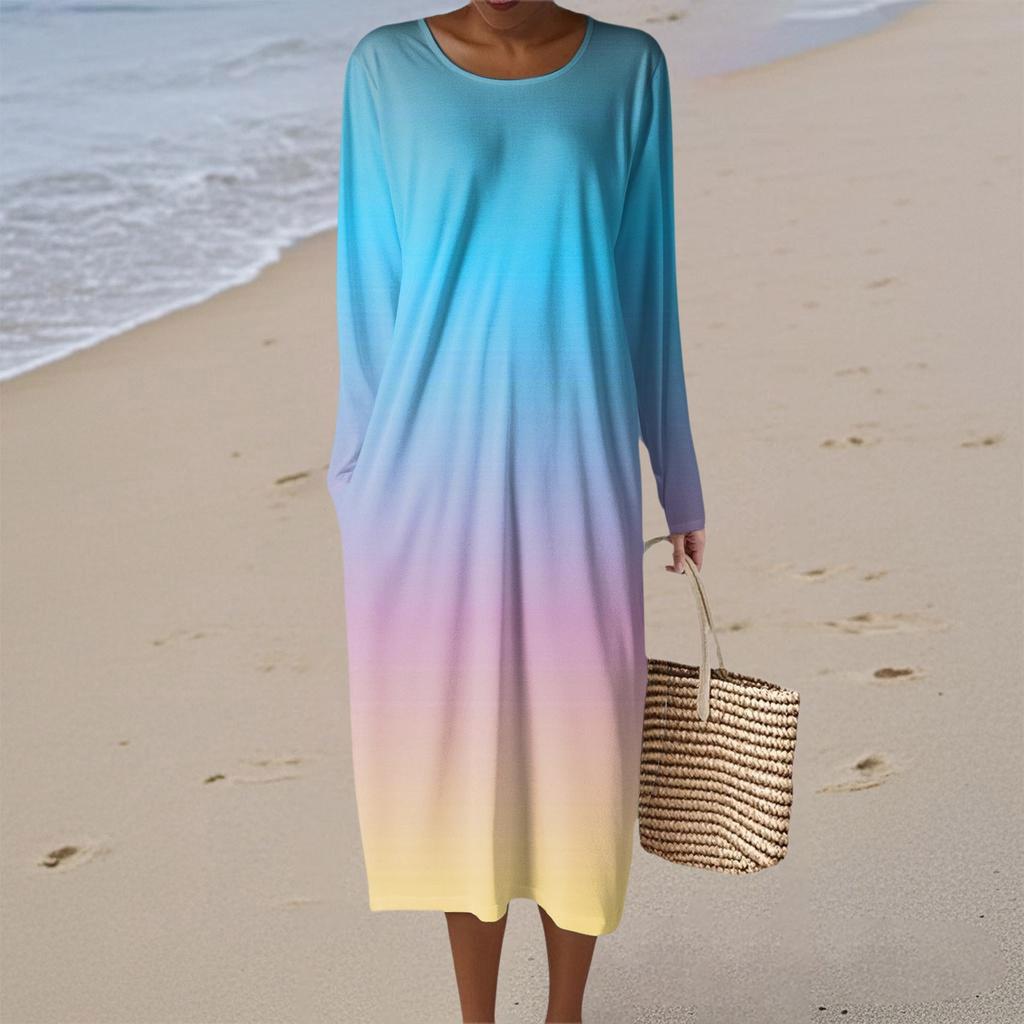 Женское модное повседневное платье с длинным рукавом, градиентное, с круглым вырезом, карманом, элегантного темперамента