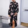 YYFS Women's Fashion Flower Pattern Print Long Sleeve High Neck High Waist Casual Dresses