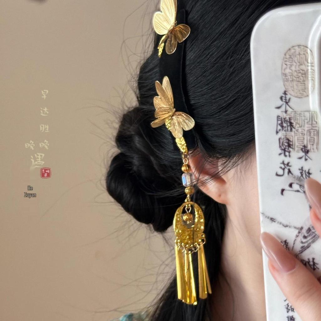 Blue Gem Healing Rhinestone Pearl Ethnic Tassel Hair Clip for Women