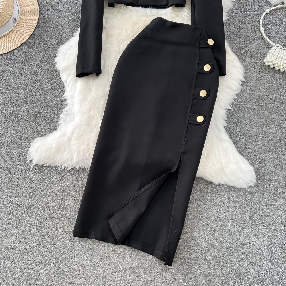 Женский новый модный весенне-осенний элегантный короткий пиджак, куртка + длинная юбка-карандаш с разрезом миди, комплект из двух предметов