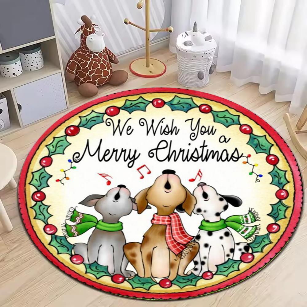 Christmas Ornaments Circle Rug Living Room Decor Sofa Rug Merry Christmas Santa Rudolph Riding Home Mat Festival Event Carpet