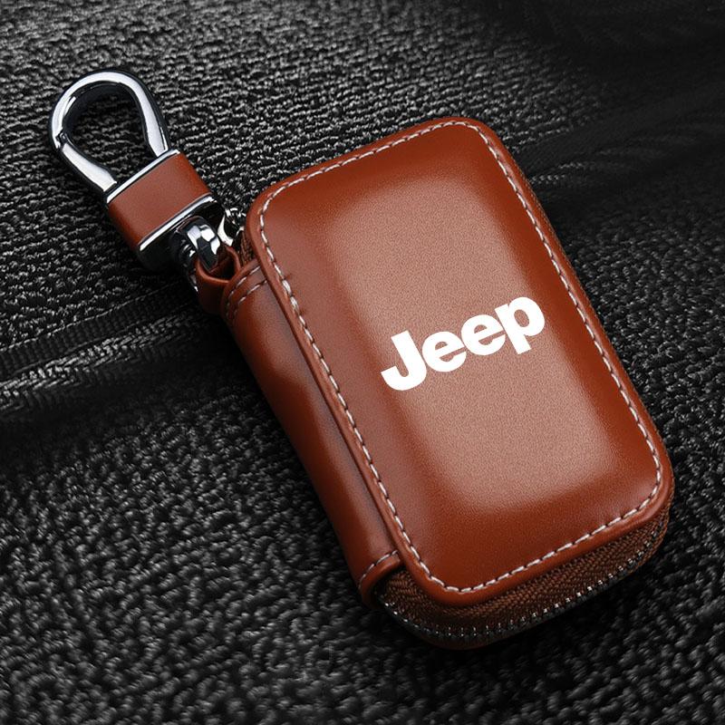 ALG4 Leather Car Key Case Cover Keychain Zipper Bag Protector Car Key For Jeep Wrangler Grand Cherokee Renegade Tyre Stem Air Caps