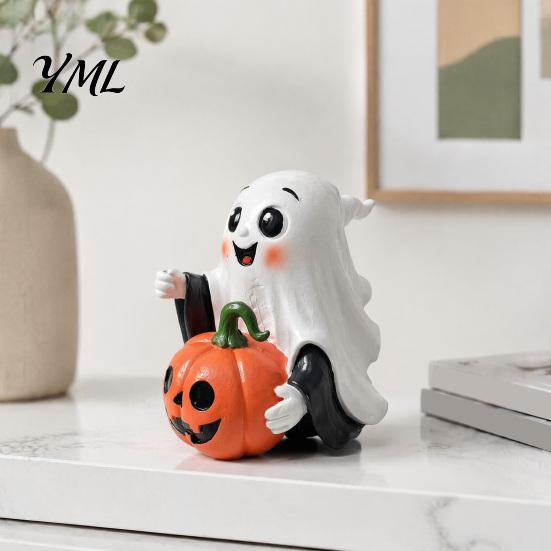 Halloween Ghost Pumpkin Decor Decoration, Holding Resin Figurine with Witch Soft Aesthetic Sculptures Hat, Spooky Cute Tabletop for Home Kitchen