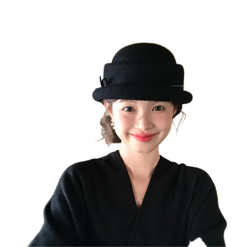 Black wool top hat beret women's new autumn and winter French Hepburn style foreign hat bucket hat