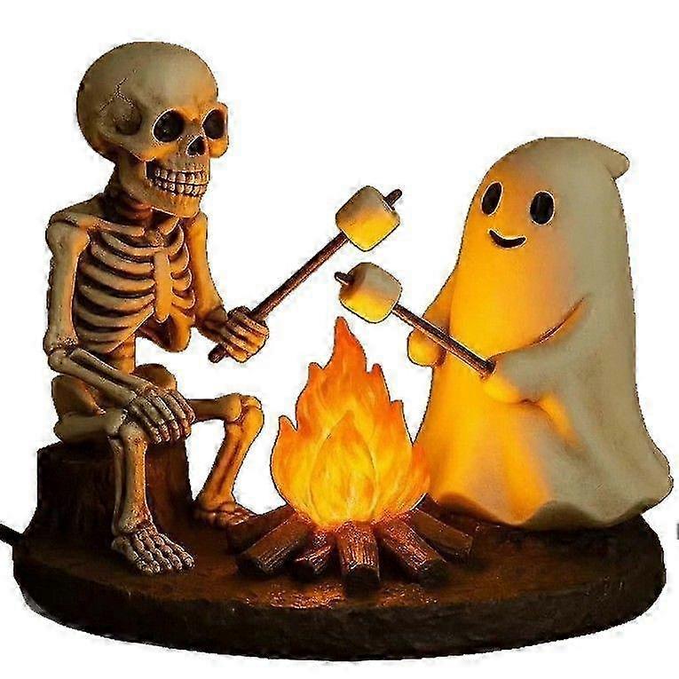 Skeleton and Ghost Bonfire Night Lamp, Halloween Ghost Skeleton Campfire Night Light, LED Ambience Nightlight Decorations for Desktop Bedside Living R