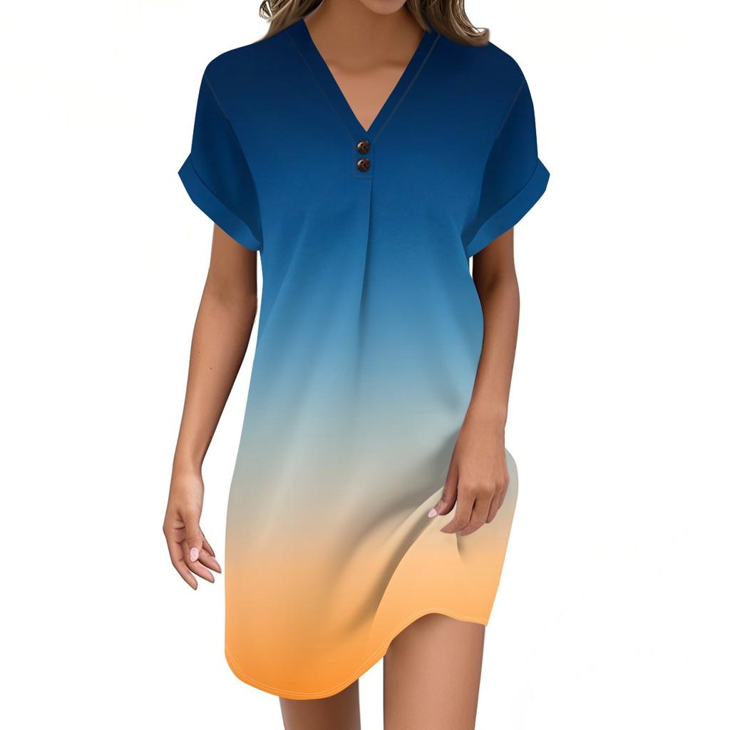 Женский модный джемпер с V-образным вырезом и градиентным принтом, повседневное платье на пуговицах