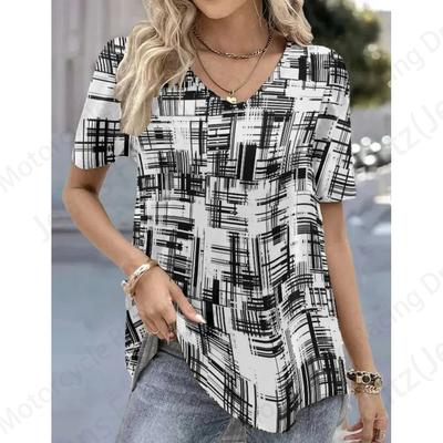 Летняя женская футболка с геометрическим принтом, 3D-принт, женская модная футболка, футболка большого размера с V-образным вырезом, полосатые топы, женская одежда