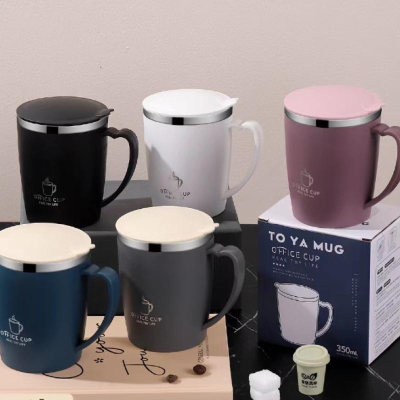 304 Stainless Steel Thermal Double Wall Coffee Cup Heat Insulation Anti-fall Thermos Mug with Cover and Handle Leak-Proof Cups