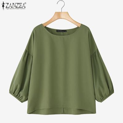 Женская повседневная однотонная свободная блузка с круглым вырезом и рукавом 3/4
