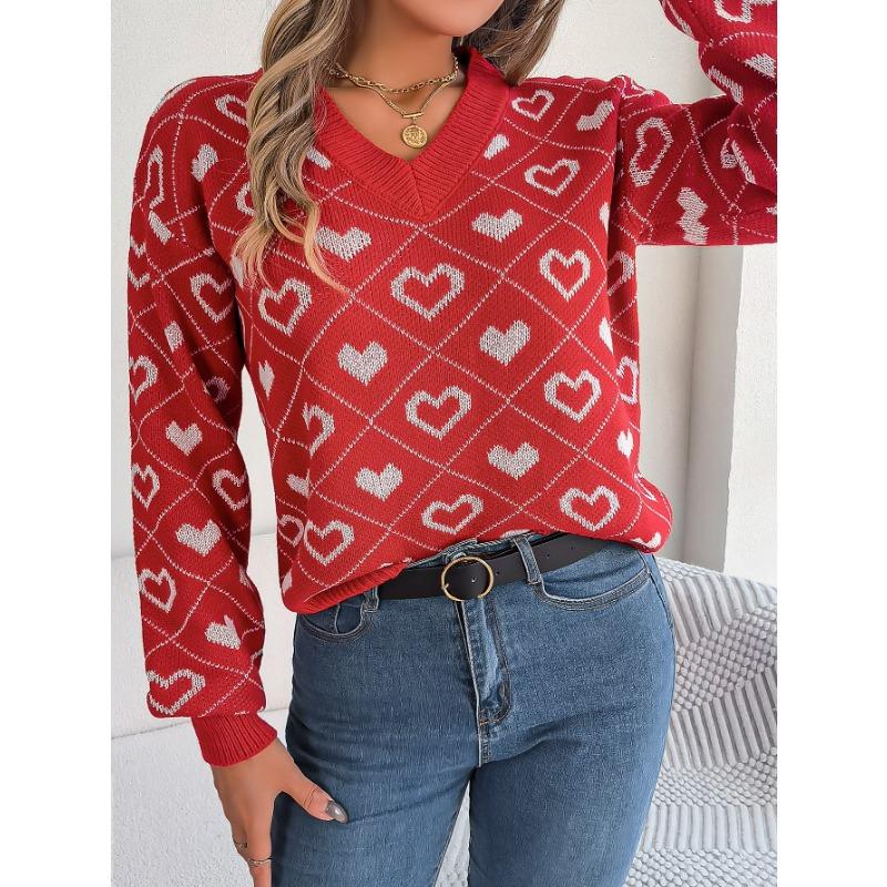 Women's Autumn and Winter Sweet Color Collision Love Lantern Sleeve Pullover Sweater