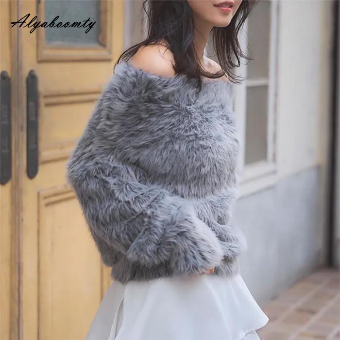 Новое поступление Осень Зима Женский пушистый свитер из искусственной норки - Мягкий пушистый пуловер с вырезом лодочкой Серый Бежевый Теплый Женственный свитер
