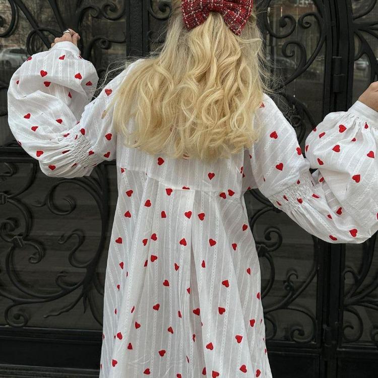 Women High Waist Stand Collar Long Sleeve Ankle Length Slip Dress with Heart Print Elegant Fashion